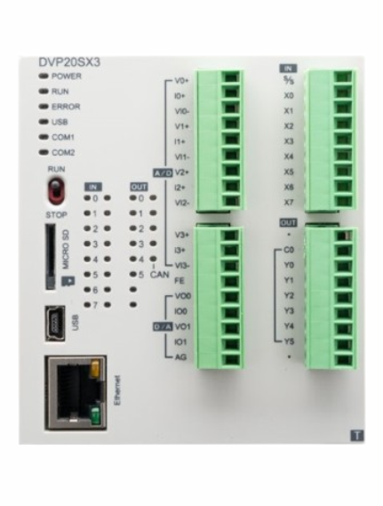 PLC 24 VDC, RELAY SALIDA, 1 PUERTO ETHERNET , 2 RS-485 PUERTO, 1 PUERTO USB , 1 MICRO SD INTERFACE, 20 I/OS (8DI+6DO+4AI+2AO, DVP20SX311R